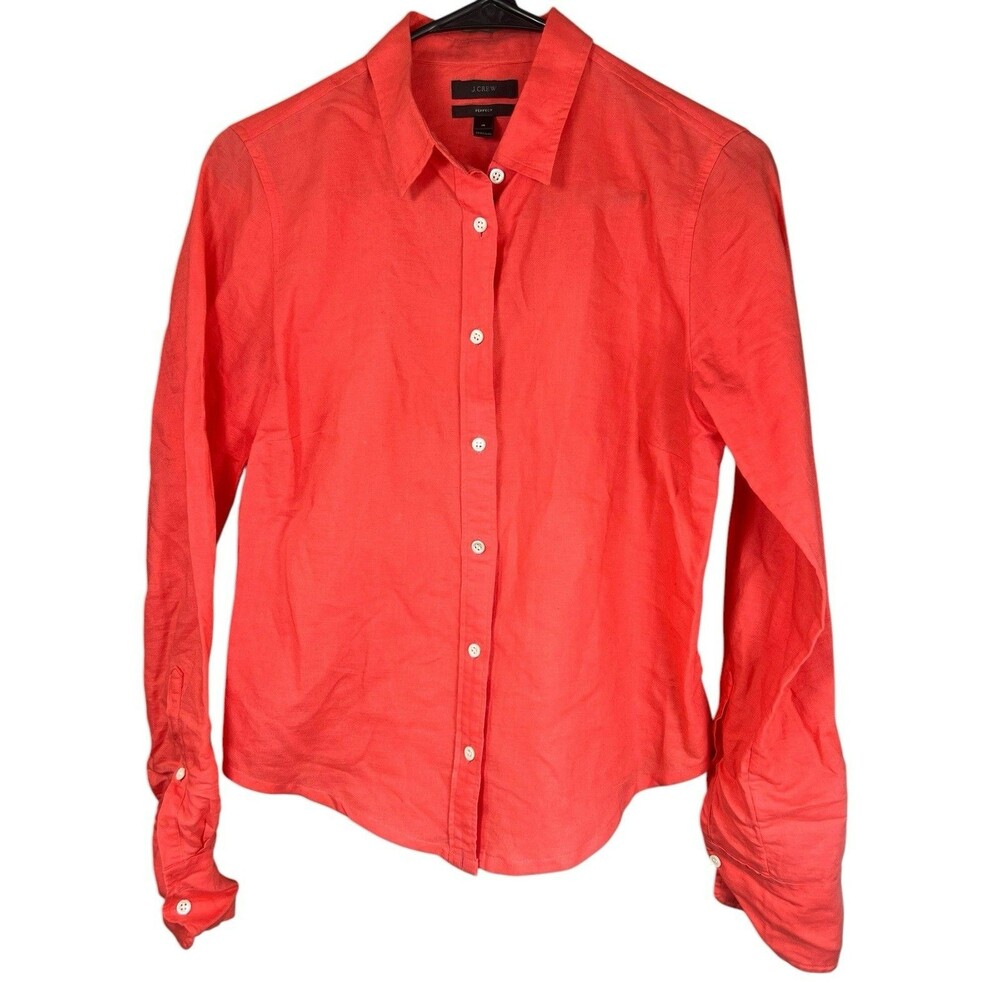 J Crew Women’s Button-Up Shirt Perfect Fit Long Sleeve Linen Blend Orange Size 4